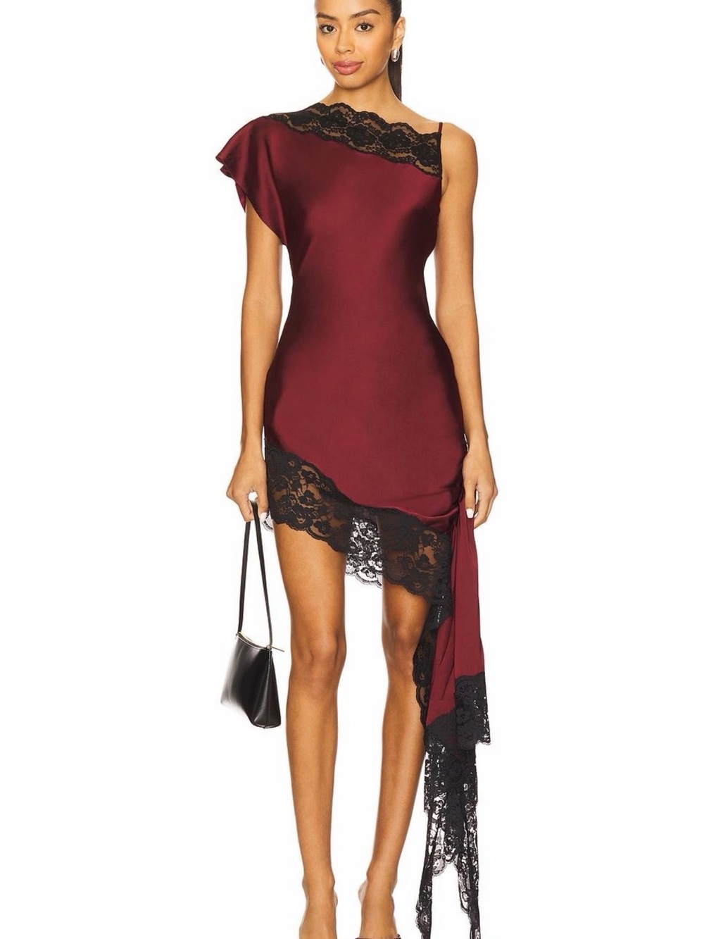 Lovers + Friends Wine One-Shoulder Lace-Trim Mini Dress